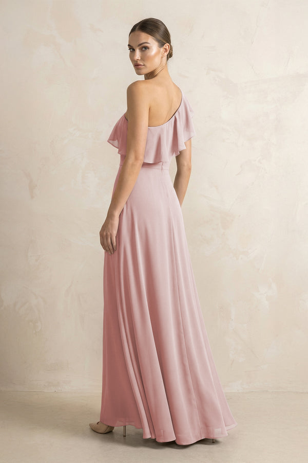 Ruffled One - Shoulder A - Line Chiffon Bridesmaid Dress in Dusty Rose - KissProm Bridesmaid Dresses