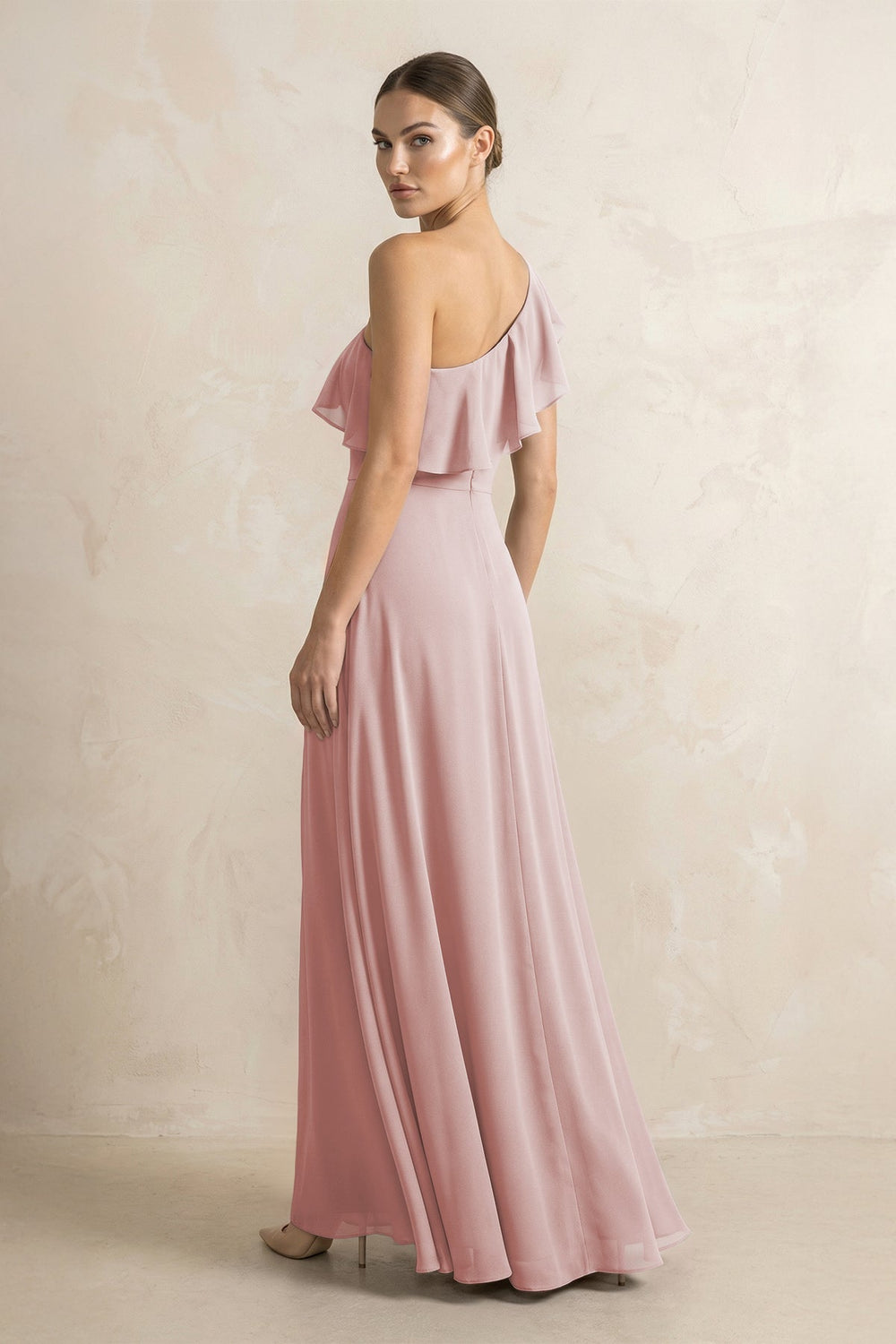Ruffled One - Shoulder A - Line Chiffon Bridesmaid Dress in Dusty Rose - KissProm Bridesmaid Dresses