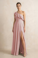 Ruffled One - Shoulder A - Line Chiffon Bridesmaid Dress in Dusty Rose - KissProm Bridesmaid Dresses