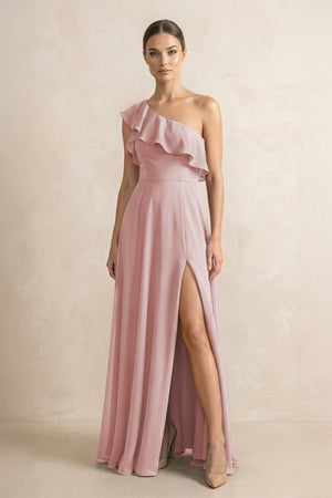 Ruffled One - Shoulder A - Line Chiffon Bridesmaid Dress in Dusty Rose - KissProm Bridesmaid Dresses