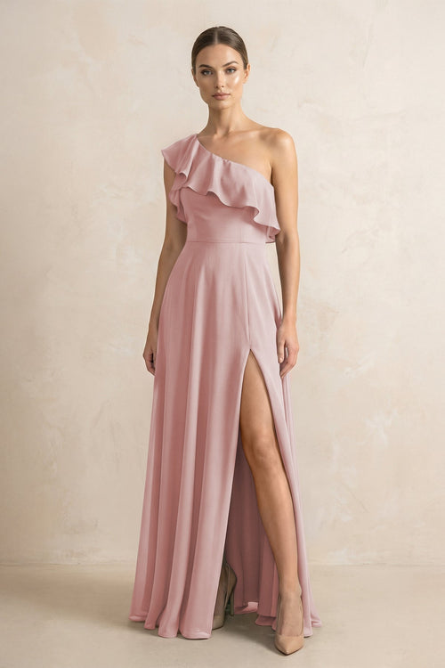 Ruffled One - Shoulder A - Line Chiffon Bridesmaid Dress in Dusty Rose - KissProm Bridesmaid Dresses