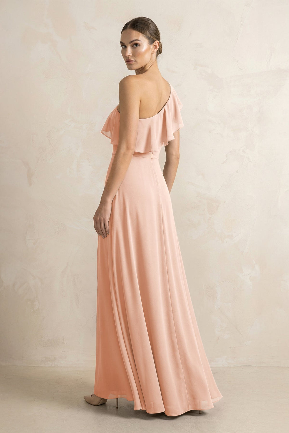 Ruffled One - Shoulder A - Line Chiffon Bridesmaid Dress in English Rose - KissProm Bridesmaid Dresses