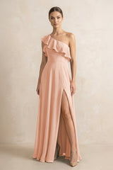 Ruffled One - Shoulder A - Line Chiffon Bridesmaid Dress in English Rose - KissProm Bridesmaid Dresses