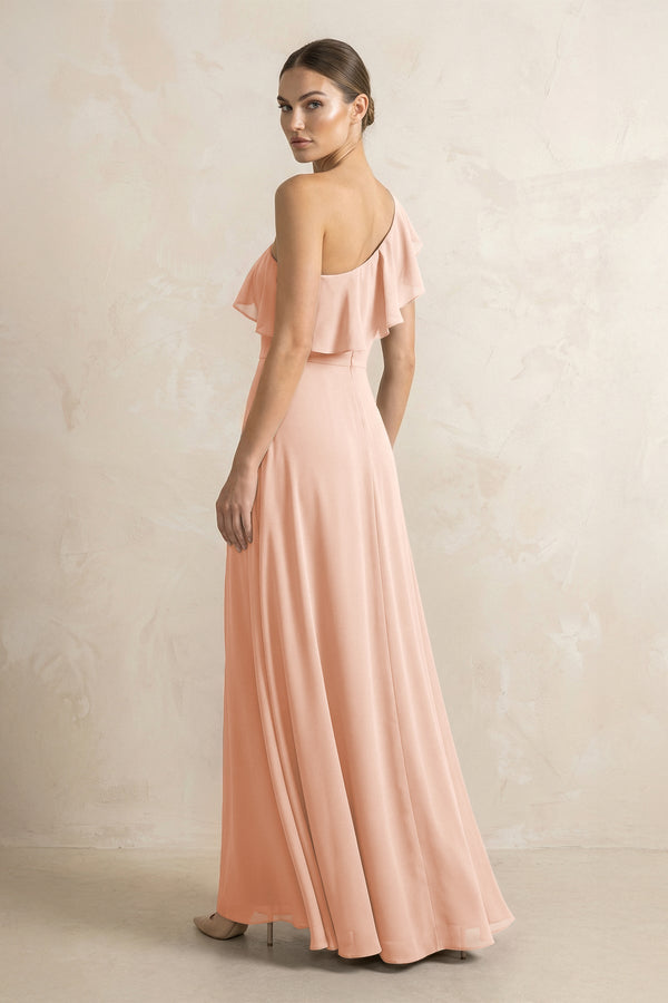 Ruffled One - Shoulder A - Line Chiffon Bridesmaid Dress in English Rose - KissProm Bridesmaid Dresses