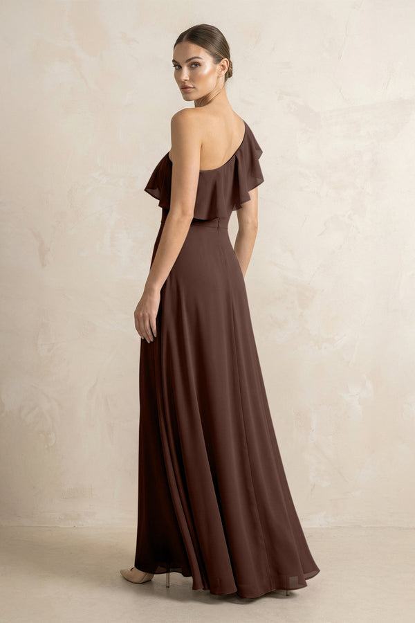 Ruffled One - Shoulder A - Line Chiffon Bridesmaid Dress in Espresso - KissProm Bridesmaid Dresses