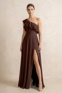Ruffled One - Shoulder A - Line Chiffon Bridesmaid Dress in Espresso - KissProm Bridesmaid Dresses