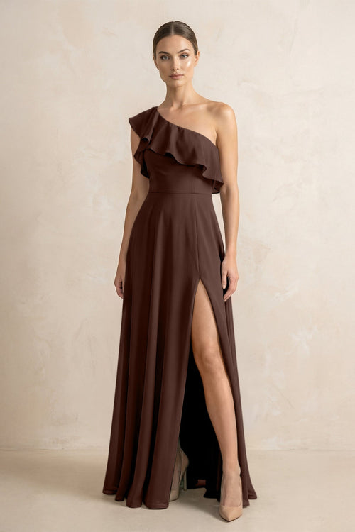 Ruffled One - Shoulder A - Line Chiffon Bridesmaid Dress in Espresso - KissProm Bridesmaid Dresses
