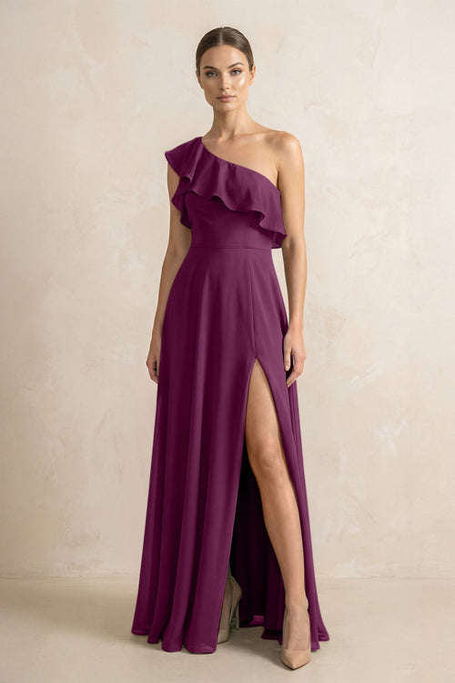 Ruffled One - Shoulder A - Line Chiffon Bridesmaid Dress in Fig - KissProm Bridesmaid Dresses