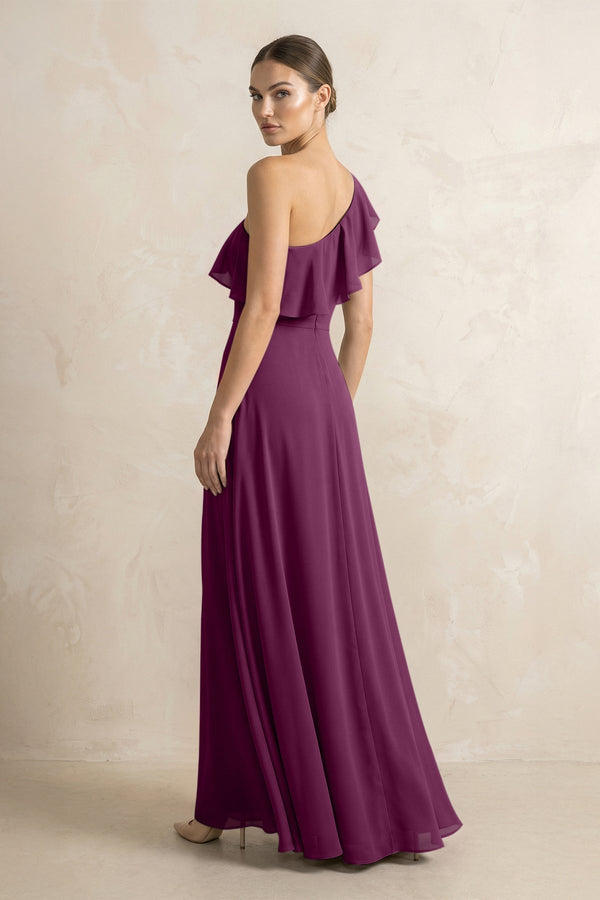 Ruffled One - Shoulder A - Line Chiffon Bridesmaid Dress in Fig - KissProm Bridesmaid Dresses