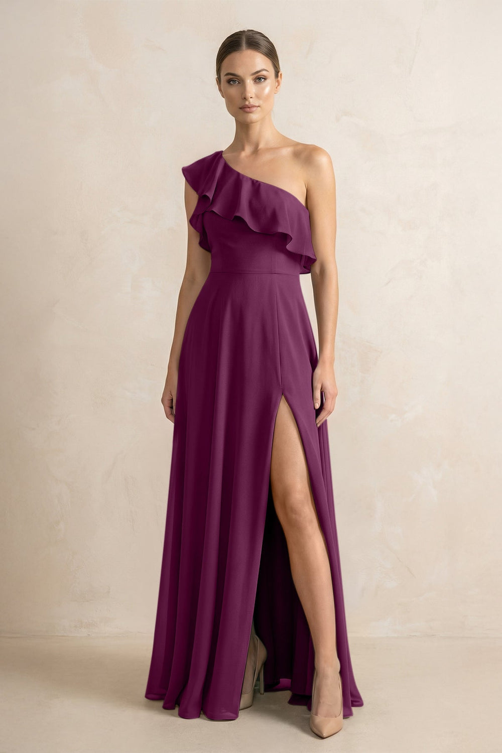 Ruffled One - Shoulder A - Line Chiffon Bridesmaid Dress in Fig - KissProm Bridesmaid Dresses