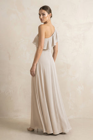 Ruffled One - Shoulder A - Line Chiffon Bridesmaid Dress in Frost - KissProm Bridesmaid Dresses