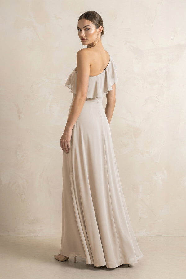 Ruffled One - Shoulder A - Line Chiffon Bridesmaid Dress in Frost - KissProm Bridesmaid Dresses