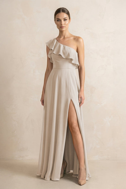 Ruffled One - Shoulder A - Line Chiffon Bridesmaid Dress in Frost - KissProm Bridesmaid Dresses