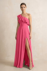 Ruffled One - Shoulder A - Line Chiffon Bridesmaid Dress in Fuchsia - KissProm Bridesmaid Dresses