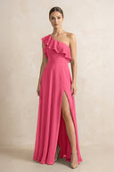 Ruffled One - Shoulder A - Line Chiffon Bridesmaid Dress in Fuchsia - KissProm Bridesmaid Dresses