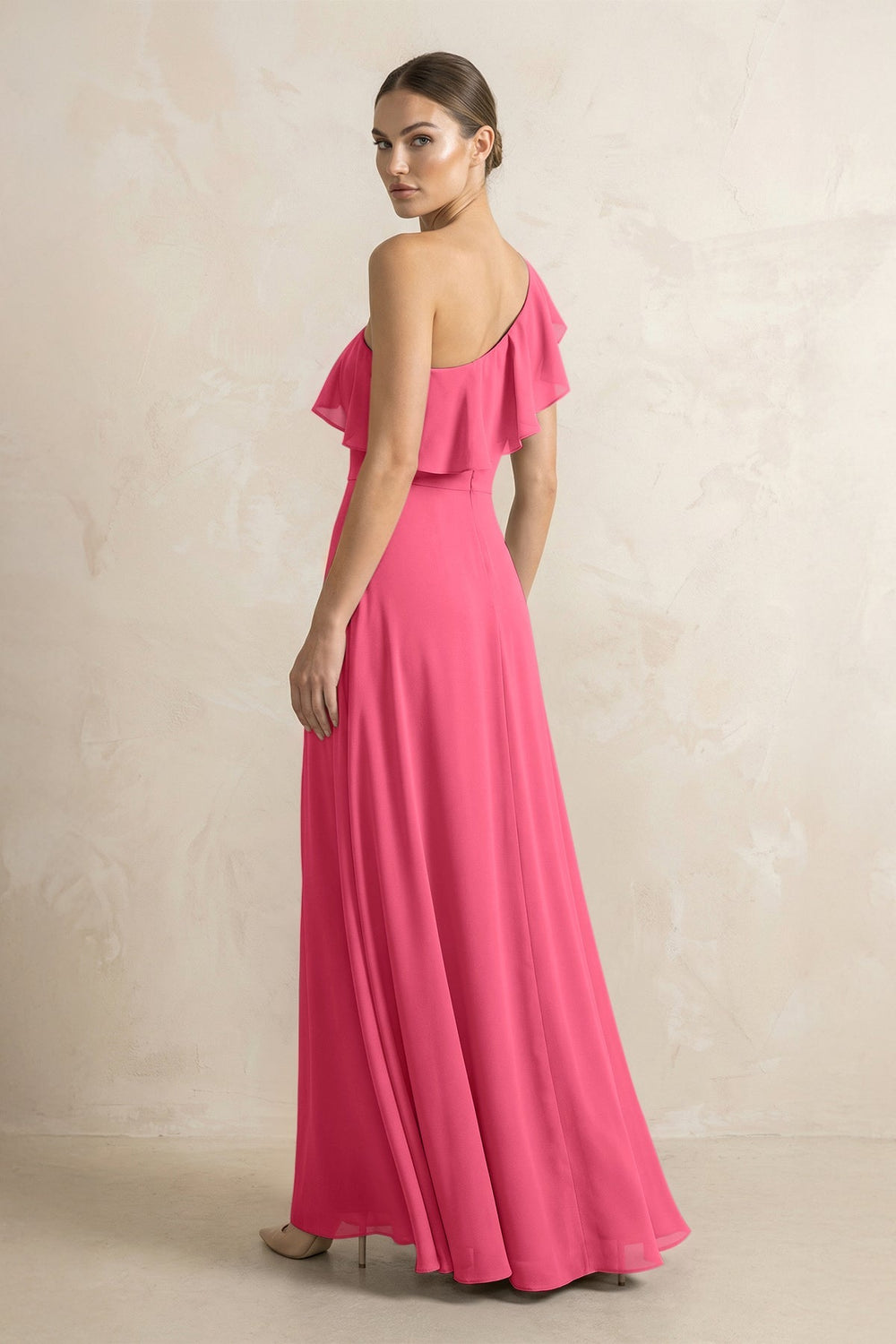 Ruffled One - Shoulder A - Line Chiffon Bridesmaid Dress in Fuchsia - KissProm Bridesmaid Dresses