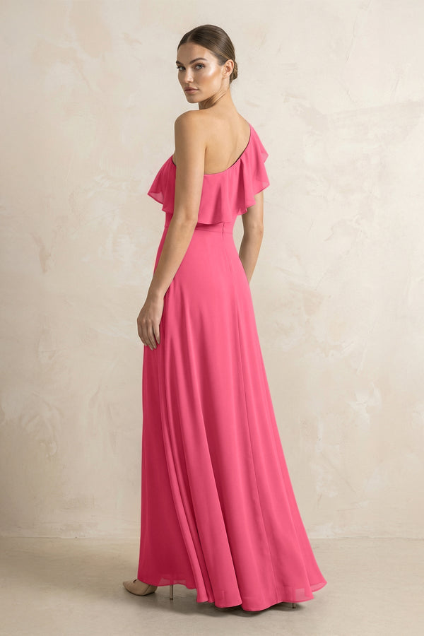Ruffled One - Shoulder A - Line Chiffon Bridesmaid Dress in Fuchsia - KissProm Bridesmaid Dresses