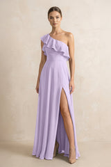 Ruffled One - Shoulder A - Line Chiffon Bridesmaid Dress in Lavender - KissProm Bridesmaid Dresses