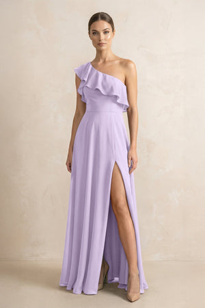 Ruffled One - Shoulder A - Line Chiffon Bridesmaid Dress in Lavender - KissProm Bridesmaid Dresses