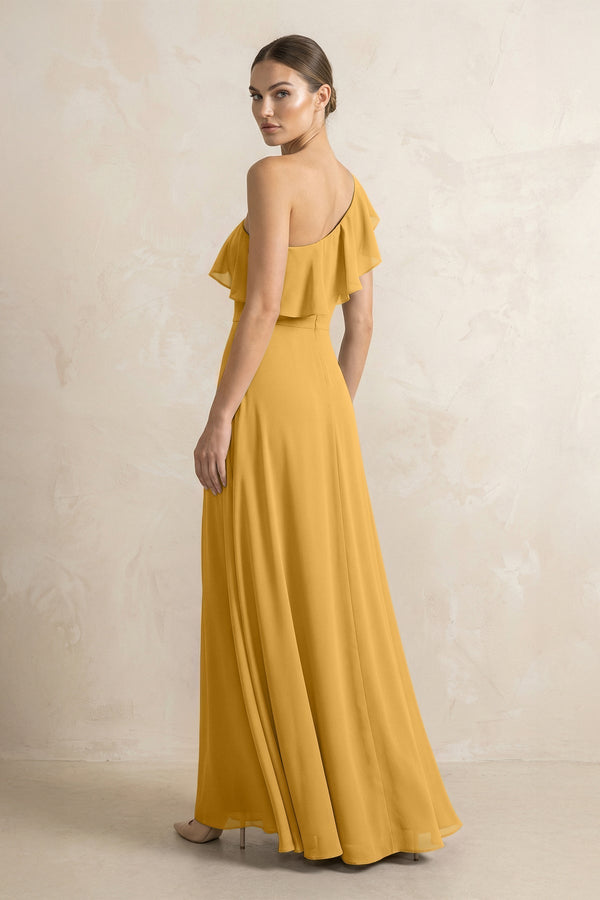 Ruffled One - Shoulder A - Line Chiffon Bridesmaid Dress in Marigold - KissProm Bridesmaid Dresses