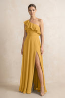 Ruffled One - Shoulder A - Line Chiffon Bridesmaid Dress in Marigold - KissProm Bridesmaid Dresses
