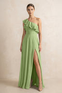 Ruffled One - Shoulder A - Line Chiffon Bridesmaid Dress in Matcha - KissProm Bridesmaid Dresses