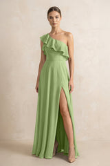 Ruffled One - Shoulder A - Line Chiffon Bridesmaid Dress in Matcha - KissProm Bridesmaid Dresses
