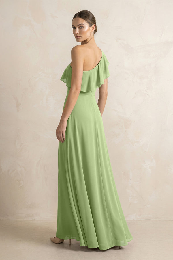 Ruffled One - Shoulder A - Line Chiffon Bridesmaid Dress in Matcha - KissProm Bridesmaid Dresses
