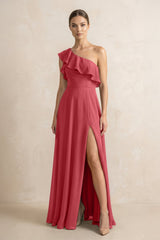 Ruffled One - Shoulder A - Line Chiffon Bridesmaid Dress in Merlot - KissProm Bridesmaid Dresses