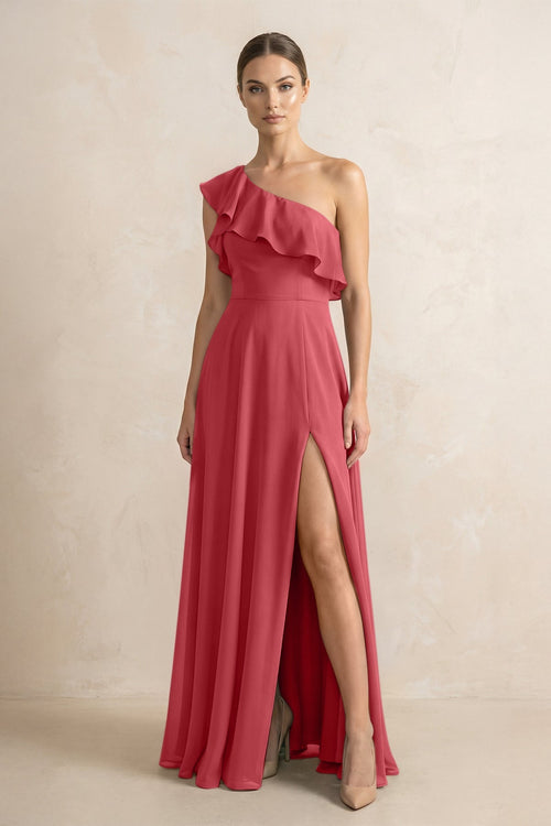 Ruffled One - Shoulder A - Line Chiffon Bridesmaid Dress in Merlot - KissProm Bridesmaid Dresses
