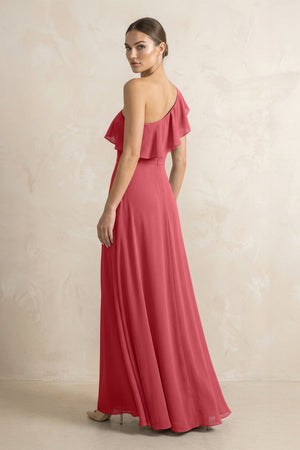 Ruffled One - Shoulder A - Line Chiffon Bridesmaid Dress in Merlot - KissProm Bridesmaid Dresses