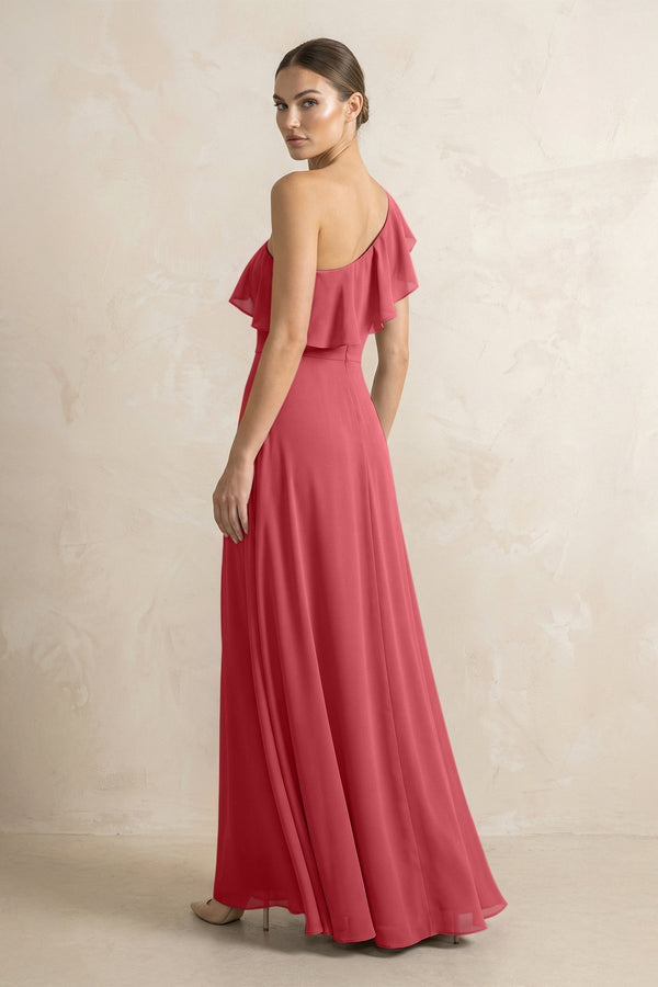 Ruffled One - Shoulder A - Line Chiffon Bridesmaid Dress in Merlot - KissProm Bridesmaid Dresses