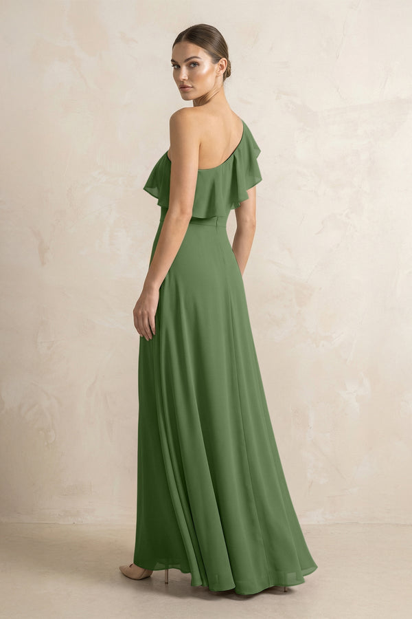 Ruffled One - Shoulder A - Line Chiffon Bridesmaid Dress in Moss - KissProm Bridesmaid Dresses
