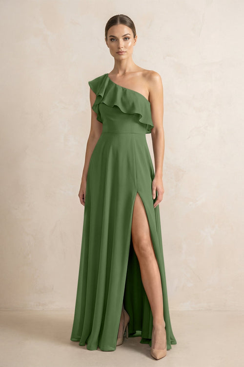 Ruffled One - Shoulder A - Line Chiffon Bridesmaid Dress in Moss - KissProm Bridesmaid Dresses