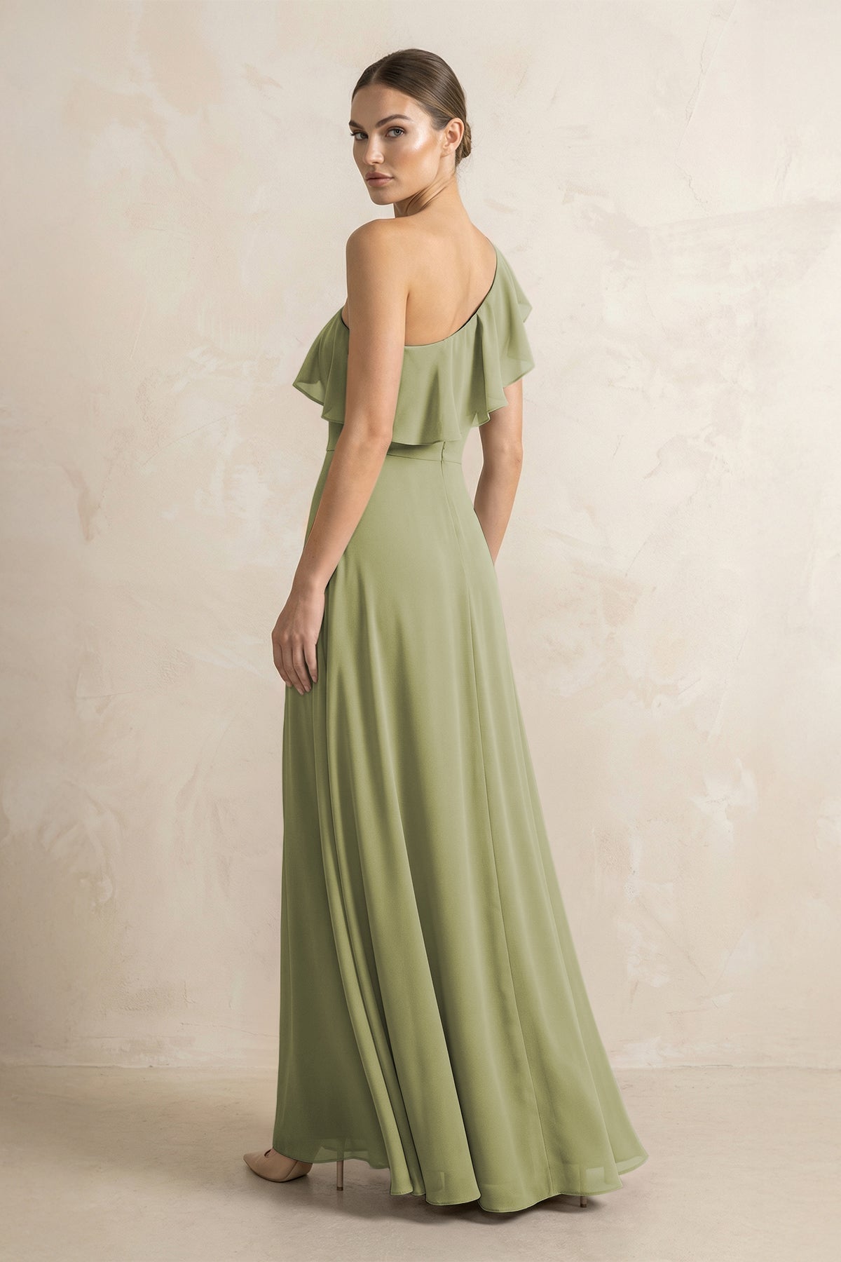 KissProm Ruffled One-Shoulder A-Line Chiffon Bridesmaid Dress in Moss Green, Moss Green / 8