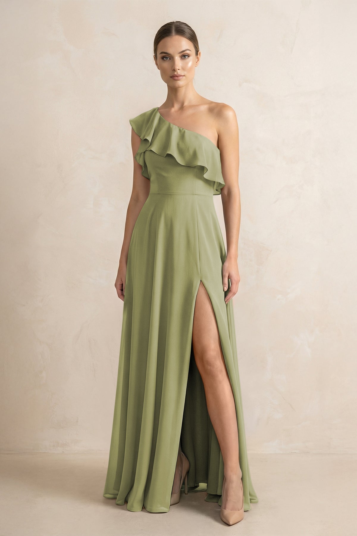 KissProm Ruffled One-Shoulder A-Line Chiffon Bridesmaid Dress in Moss Green, Moss Green / 8