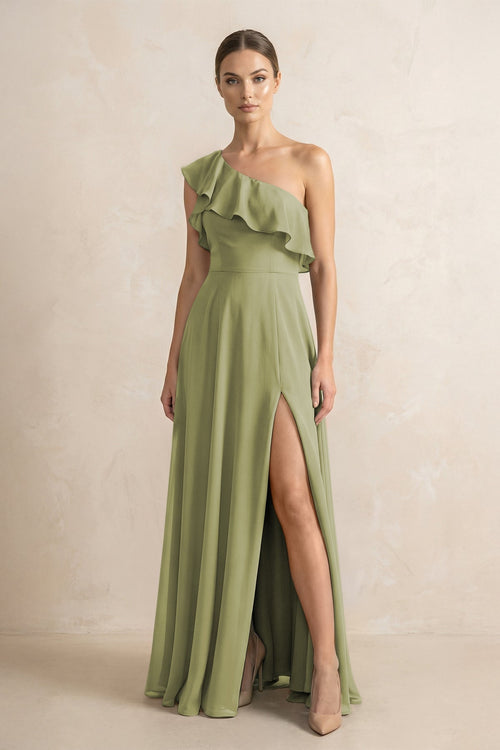 Ruffled One - Shoulder A - Line Chiffon Bridesmaid Dress in Moss Green - KissProm Bridesmaid Dresses