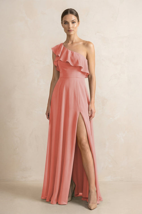 Ruffled One - Shoulder A - Line Chiffon Bridesmaid Dress in Mulberry - KissProm Bridesmaid Dresses