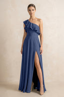 Ruffled One - Shoulder A - Line Chiffon Bridesmaid Dress in Navy - KissProm Bridesmaid Dresses