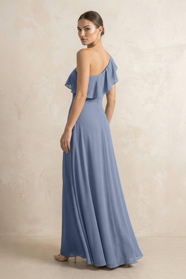 Ruffled One - Shoulder A - Line Chiffon Bridesmaid Dress in Neptune - KissProm Bridesmaid Dresses