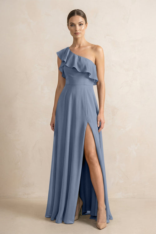 Ruffled One - Shoulder A - Line Chiffon Bridesmaid Dress in Neptune - KissProm Bridesmaid Dresses