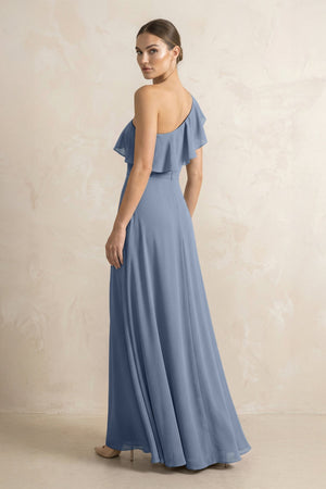 Ruffled One - Shoulder A - Line Chiffon Bridesmaid Dress in Neptune - KissProm Bridesmaid Dresses