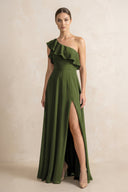 Ruffled One - Shoulder A - Line Chiffon Bridesmaid Dress in Olive - KissProm Bridesmaid Dresses