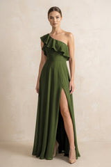 Ruffled One - Shoulder A - Line Chiffon Bridesmaid Dress in Olive - KissProm Bridesmaid Dresses
