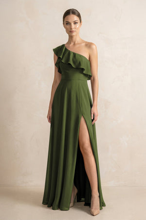 Ruffled One - Shoulder A - Line Chiffon Bridesmaid Dress in Olive - KissProm Bridesmaid Dresses
