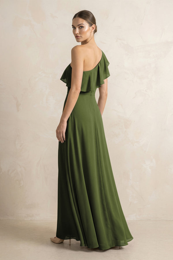 Ruffled One - Shoulder A - Line Chiffon Bridesmaid Dress in Olive - KissProm Bridesmaid Dresses