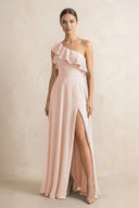 Ruffled One - Shoulder A - Line Chiffon Bridesmaid Dress in Pale Blush - KissProm Bridesmaid Dresses