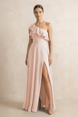 Ruffled One - Shoulder A - Line Chiffon Bridesmaid Dress in Pale Blush - KissProm Bridesmaid Dresses