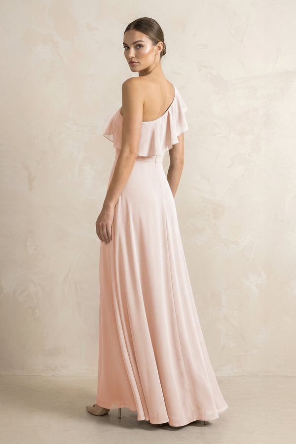 Ruffled One - Shoulder A - Line Chiffon Bridesmaid Dress in Pale Blush - KissProm Bridesmaid Dresses