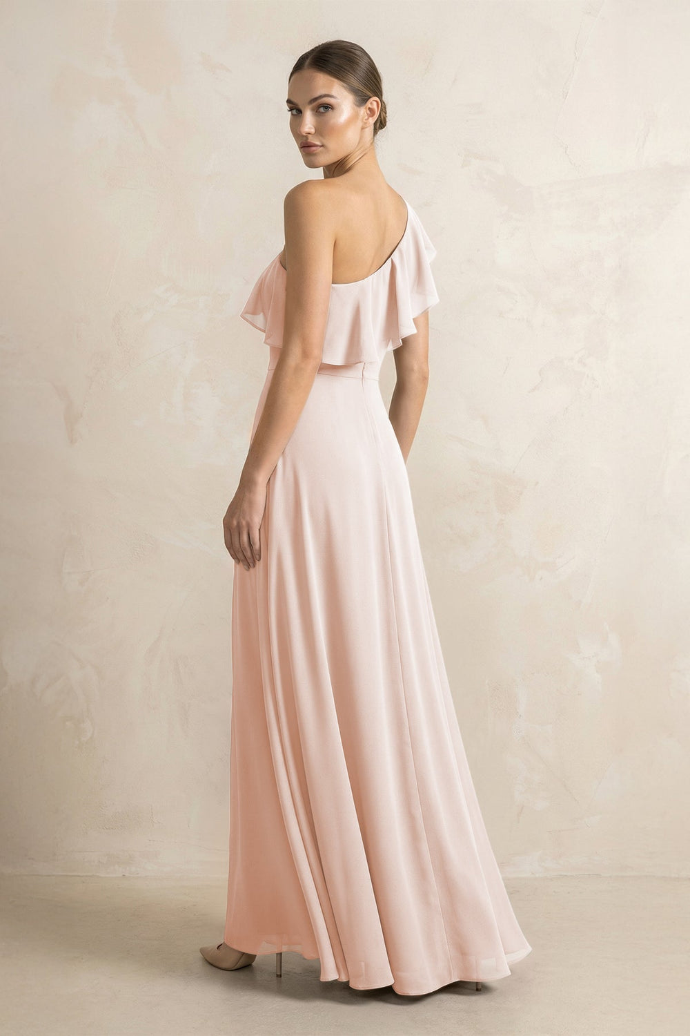 Ruffled One - Shoulder A - Line Chiffon Bridesmaid Dress in Pale Blush - KissProm Bridesmaid Dresses